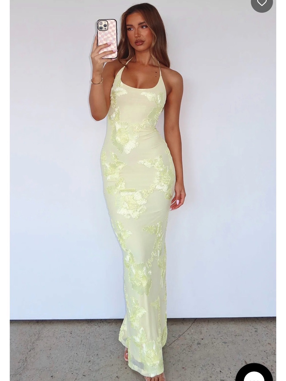 White Fox Boutique Neon Yellow Floral Lace Maxi Dress